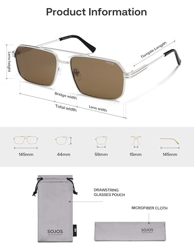 SOJOS Retro Polarized Square Sunglasses for Women Men Vintage Large Double Bridge UV Protection Metal Sun Glasses SJ1246 - color: Silver/Retro Brown