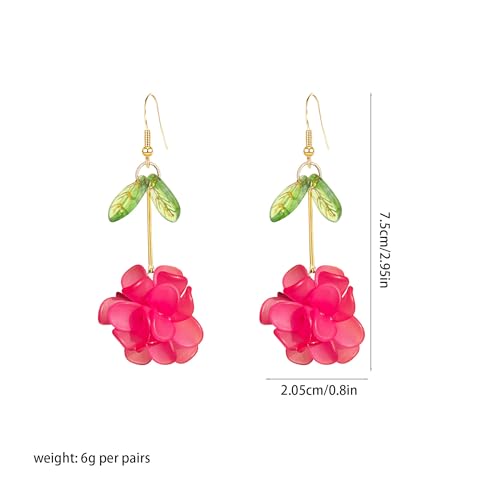 Resin Flower Cluster Ball Dangle Drop Earrings for Women Spring Summer Bohemian Floral Petal with Green Leaf Earrings Vacation Party Jewelry - color: Hot Pink