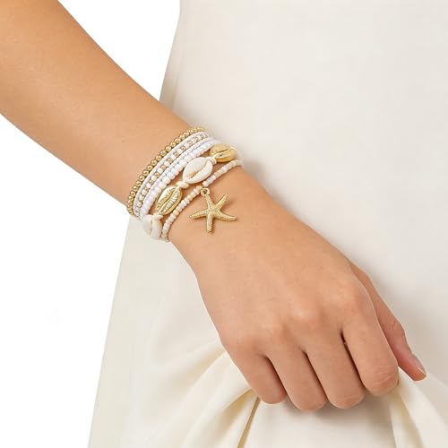 Shell Bracelet Seashell Boho Beaded Stretch Bracelets for Women Summer Beach Bracelets Starfish Charm Bracelet Stackable Gold Plated Bracelets Set for Women - color: d-white