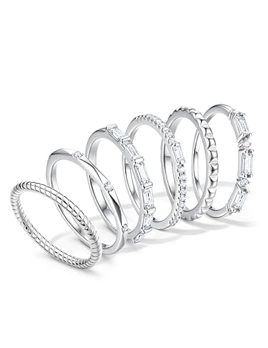 FIBO STEEL Gold Rings for Women Non Tarnish Dainty Stackable Ring Set Hypoallergenic Cubic Zirconia Wedding Band Promise Bands for Her Women's Jewelry Size 5-10 - color: White Gold Plated