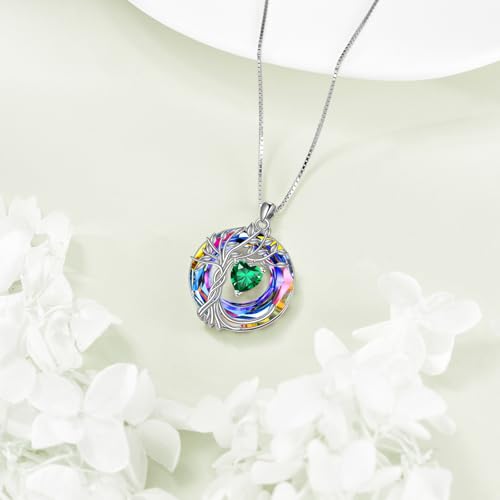 POPLYKE Mothers Day Gifts for Mom Her Wife Tree of Life Necklace 925 Sterling Silver Birthstone Pendant with Crystal Anniversary Birthday Wedding Jewelry for Women - color: 05-May-Emerald, style: White Gold Plated-Volcano Crystal