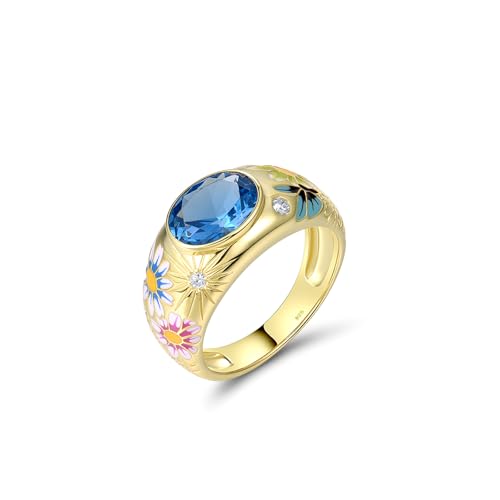 Santuzza 925 Sterling Silver Enamel Flower Pattern Ring for Women - color: Daisy & Butterfly