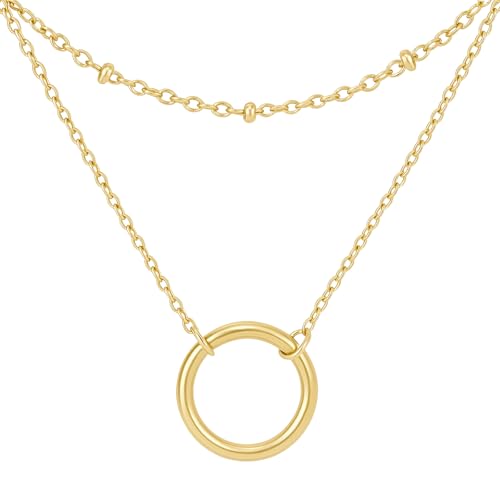 Minimalist Stainless Steel Single or Two Circular Hammered Texture Pendant Necklace for Women, 14K Gold/Silver/Rose Gold Plated Hypoallergenic Stackable Layered Collarbone adjustable Chain Necklace, Dainty Layering Necklace Jewelry Gift - style: Gold Sing