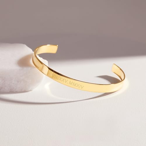 Brook & York Custom Engraved Roman Numeral Cuff Bracelet, 5 1/2 inches long - Women's Personalized Roman Numeral Date Bracelet - Stackable Bracelet - Graduation Gift for Her - Gifts for Mom