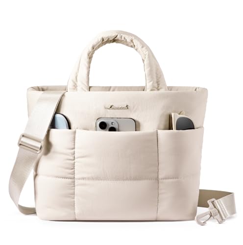 LOVEVOOK Small Tote Bags for Women, Puffer Purse and Handbags, Mini Crossbody Puffy Top Handle Shoulder Satchel Bag - color: Beige, size: 11.5 Inch