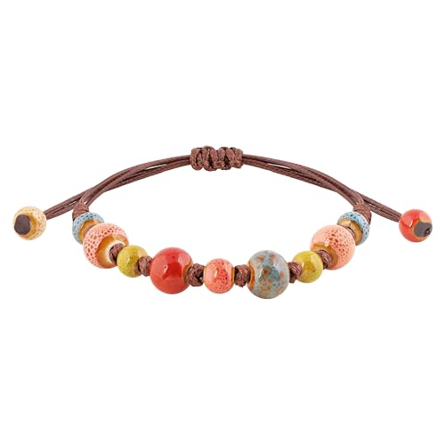 MINACHI Bohemian Colorful Ceramic Bead Adjustable Leather Bracelet, Boho Hippie Summer Jewelry Gift for Women - color: S03