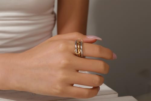 Gold/Silver Interlocked Rings For Women Dainty Stainless Steel Cubic Zirconia Stackable Statement Rings Two-toned Connected Bands Rings Non Tarnish (size 6-10) - color: R--Silver gold silver ring