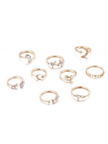 Gold Stackable Rings Set Moon Star Design Adjustable Rings for Everyday Wear Mid FingerPinky Ring Trendy Jewelry Gifts - color: J