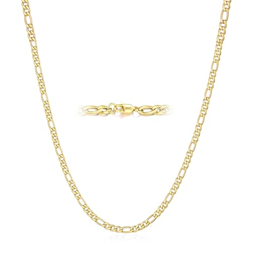 Avotto S925 Sterling Silver Figaro Chain Necklace for Women Girls 3mm/5mm Thick Sturdy & Colourfast Women's Chain Necklaces Jewelry for Women Girls 14/16/18/20/22/24/Inch - color: 3mm-Gold, size: 16 inch(41cm)-Choker Length