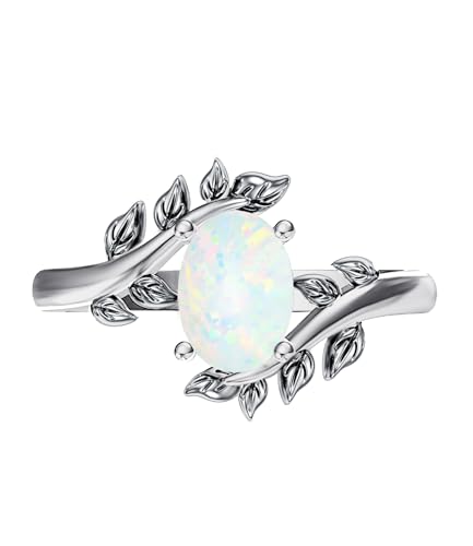 Genuine Turquoise Ring for Women Western Oval Gemstone Jewelry 925 Sterling Silver Leaf Bohemian Boho for Her Wife Mom - color: Opal-White