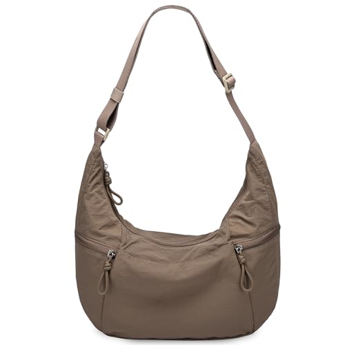 VASCHY Crossbody Crescent Bag for Women, Casual Lightweight Nylon Large Slouchy Hobo Bags Purses for Travel/Gym/Work/College - color: Light Brown