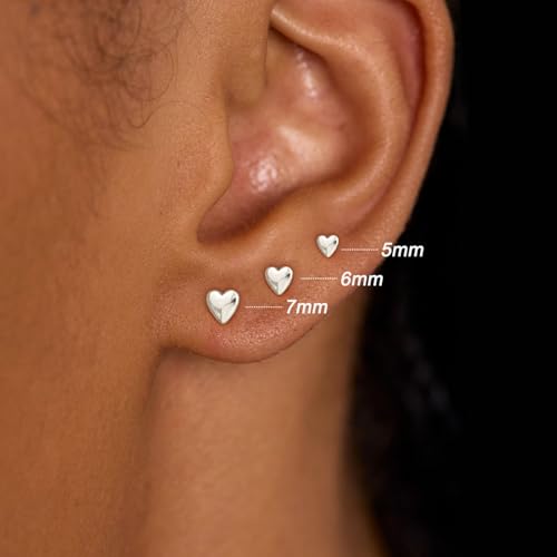 3 Pair Tiny Flat Back Earrings for Women - 14K Gold/White Gold Plated Dainty Cute Small Screw Flatback Stud Earring, Everyday Wear Gift - color: Heart Flat-5/6/7mm Silver