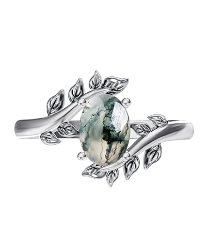Genuine Turquoise Ring for Women Western Oval Gemstone Jewelry 925 Sterling Silver Leaf Bohemian Boho for Her Wife Mom - color: Moss Agate