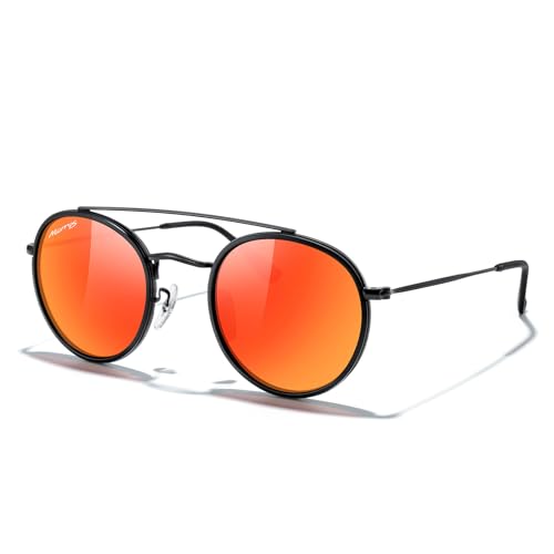 MERRY'S Retro Round Polarized Sunglasses - Unisex Double Bridge Sun Glasses - color: Matte Black Frame/Matte Black Bridge/Red Mirror Lens