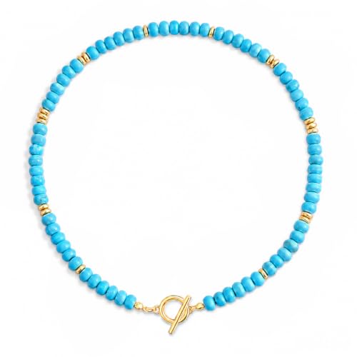 Colorful Beaded Necklace for Women Gemstone Bead Chokers Toggle Boho Natural Stone Surfer Necklaces Summer Beach Jewelry - color: C-Turquoise