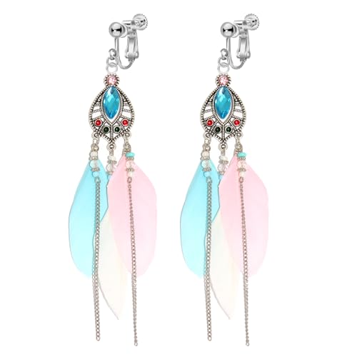 Clip on Tassel Dangle Earrings for Boho Women, Non Pierced, Colorful Feather Handmade Beads Fashion Vintage Fringe Jewelry for Parties Weddings Festivals Trendy Statement Earrings for Bohemian - color: Pink A