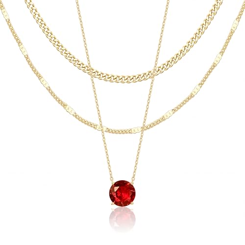 WomenGifts Layered Gold Necklaces for Women, 14K Gold Sterling Silver Plated Dainty Pendant Necklace Set Non Tarnish, Chunky Stackable Cuban Chain Choker, Trendy Birthstone Vacation Jewelry Gift - color: Gold, style: Cubic Zirconia-Created Ruby-July