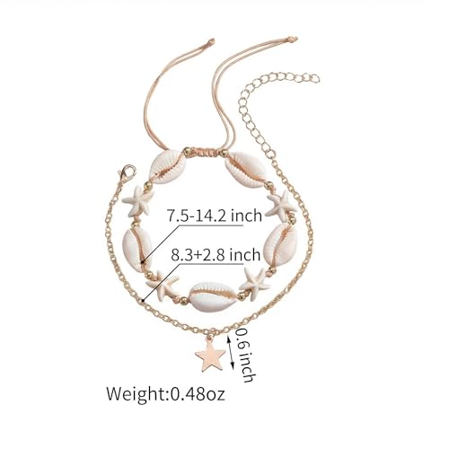 Boho Beads Beach Layered Anklet Set for Women, Handmade Gold Starfish Pearl Shell Anklets Summer Ocean Accessories Jewelry Gift - color: Shell Star