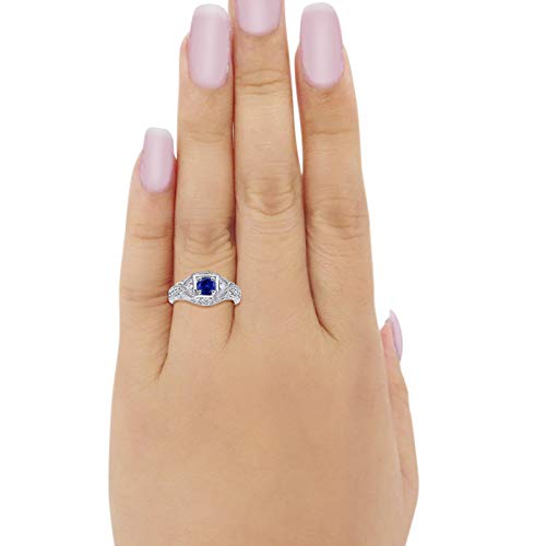 Blue Apple Co. Art Deco Ring Round Cubic Zirconia Leaf Filigree Design Split Shank Twisted Band Bridal Statement Wedding Engagement Rings For Women 925 Sterling Silver Gifts For Her - color: Simulated Blue Sapphire
