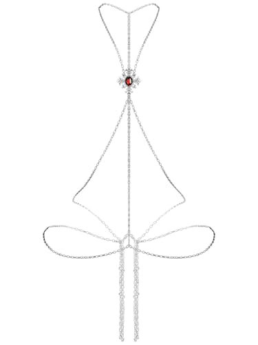 Paloli Gothic Cross Body Chain for Women – Silver Tone Adjustable Waist Body Jewelry, Vintage Filigree Y-Style Harness Necklace for Festival Party Outfit - style: Ruby Red