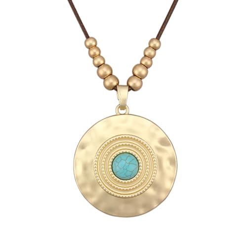 GelConnie Leather Necklaces Turquoise Long Boho Necklaces for Women Brown Chunky Circle Pendant Chocker Necklace Gold Sweater Necklace - style: Brown Leather Turquoise Necklace