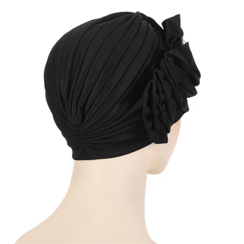 Flower Turban Hats for Women - Ruffle Bead Stretch Solid Caps Chemo Cancer Pre Tied Headscarf Headwear - color: Black