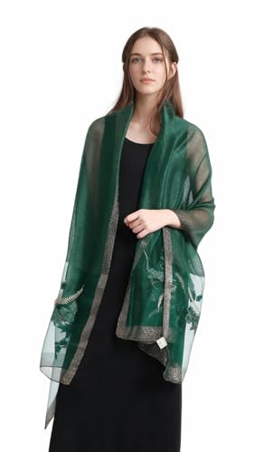 Jeelow Silk Blend Floral Fashion Scarf Shawl Wrap Lightweight Sheer For Women Floral Embroidery Wedding Party Prom - color: Green Sunflower