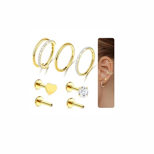 G23 Titanium 3PCS/7PCS 16G Cartilage Double-Hoop Helix Conch Piercing Jewelry With Cubic Zirconia Flat Back Stud Earrings Set For Women Men - color: A-7PCS-Gold-16G