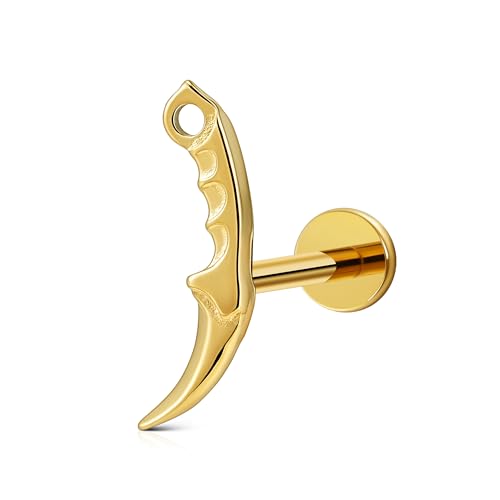 FINE4U 1PC ASTM F136 Titanium Internally Threaded Piercing Jewelry Stud 16G 6mm 8mm for Helix, Tragus, Conch, Flat - color: Dagger - Gold