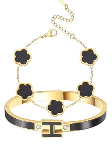 H Bangle & Clover Bracelet for Women - Stainless Steel Fashion Jewelry - 18K Gold Plated H Bangle and Lucky Five Leaf Clover Bracelet - Elegant Bracelets Set - Gift for Women - color: Gold-Black Set