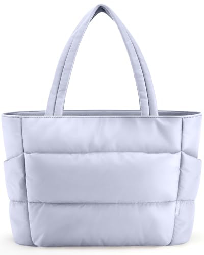 HOTOR Puffer Tote Bag for Women, Nurses - Multi-Pocket Lightweight Bag for Work - Quilted Handbag for Travel and Gym - color: Purple Gray, size: 18.1" × 6.3" × 11.8"