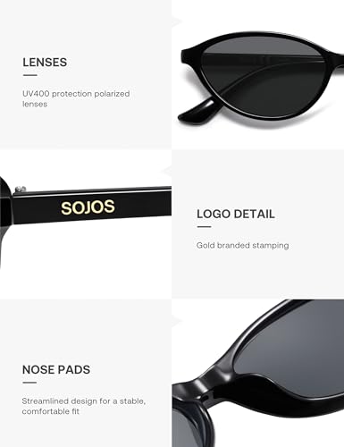 SOJOS Trendy Polarized Oval Sunglasses for Women Retro Chic 90s Shades Lightweight Sunnies SJ2656 - color: Black Frame Grey Lens