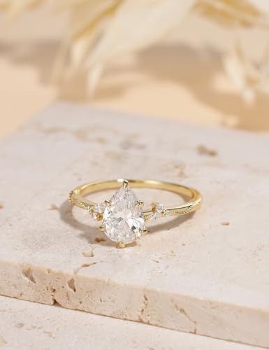 EAMTI 2CT Engagement Rings Pear Cut Wedding Teardrop Bridal Halo Nature Inspired Rings Cubic Zirconia Promise Bands for Women 3-11 - color: Brass-Gold
