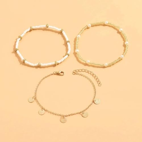 Qceasiy Shell Ankle Bracelet Set for Women, Gold Plated Boho Bead Adjustable Anklet, Hawaiian Beach Seashell Pearl Heart Starfish Conch Foot Jewelry Gifts - color: Disc 3Pcs