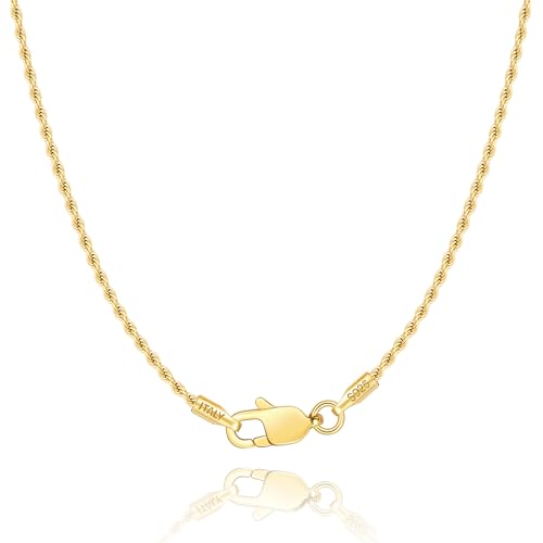 Jewlpire 18K Gold Plated 925 Sterling Silver Chain Necklace for Women, 1.35mm Rope Chain Necklace for Women Men Super Shiny & Durable Women's Chains Necklaces 16 18 20 22 24 26 Inch - color: 18k Gold Plated, size: 16 Inch