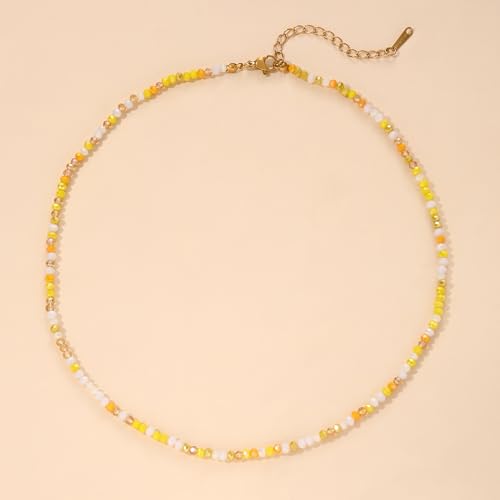 JSJOY Tiny Crystal Beaded Choker Necklaces for Women Colorful Beaded Necklace Dainty Choker Necklaces Simple Boho Jewelry Gifts for Teens Handmade Shining Bead Necklaces Gifts - color: Yellow