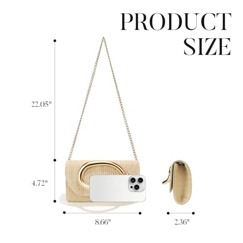 Straw Clutch Purses for Women,Summer Beach Bag,Woven Evening Handbags with Chain,Trendy Metal Handle Purses 2026 - color: Khaki
