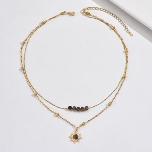 MYANAIL Tigers Eye Stone Sun Pendant Layered Necklaces for Women 14K Gold Maillard Tiger's Eye Beaded Choker Necklace Jewelry Accessory Spiritual Healing Stone Stacked Chain Necklaces - color: Gold