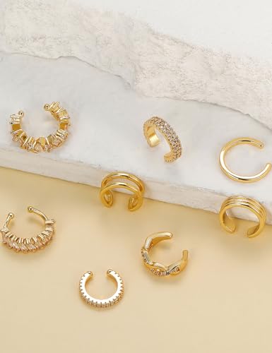 Tornito 16Pcs Ear Cuff Earrings for Women Non Piercing Ear Cuffs Cubic Zirconia Ears Clip on Earring Cartilage Helix Wrap Fake Earrings Jewelry Adjustable Gold Silver Plated - color: Gold