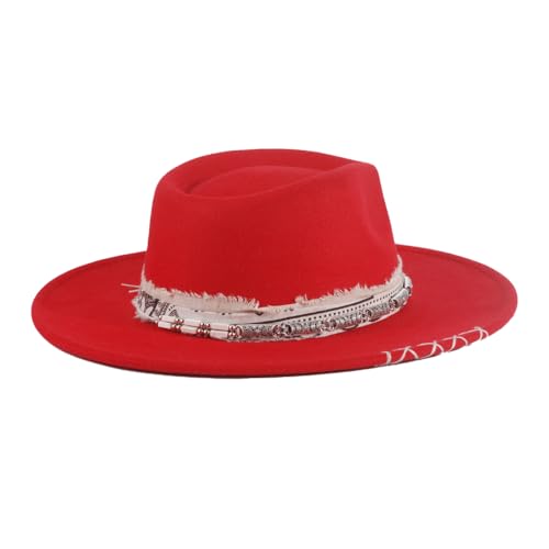 Womens Boho Fedora Hat Wide Brim Fedora Mens Handmade Flat Brim Hats - color: Red