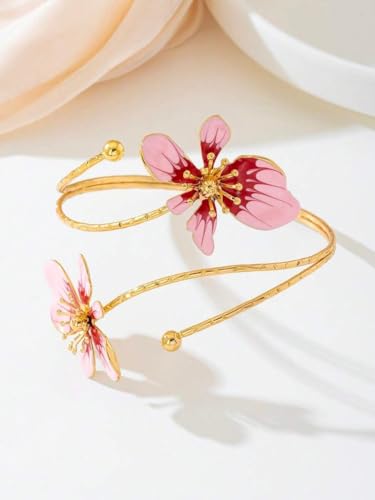 Flower Arm Cuff for Women Floral Upper Arm Bracelet Pink Flower Jewelry Gold Tone Adjustable Upper Arm Cuff Jewelry for Party and Daily Wear