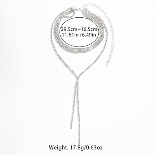 Statement Layered Sparkly Crystal Choker Black Long Tassel Y Necklace for Women, Dainty Multilayer Silver Bling Rhinestone Necklaces Prom Jewelry Gift - color: Silver