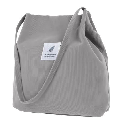 Corduroy Tote Bag for Women Small Canvas Shoulder Purse Cord Handy Bag with Inner Pocket | with Front Pocket - color: 02 Light Gray
