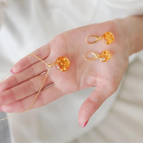 Leverback Dangle Earrings for Women – Gold-Plated 925 Silver Drop Earrings with Natural Yellow Baltic Amber Piece, Lightweight Jewelry with Secure Closure for Everyday Elegance - color: Amber Cushion