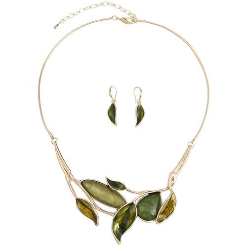 Vintage Chunky Statement Jewelry Set Retro Leaf Floral Geometric Bohemian Boho Bib Necklace Earring Set Fashion Costume Jewelry for Women Girls Wedding Party Prom Unique Gift - style: leaf teardrop oval JS gold green