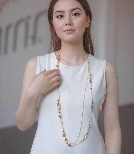 FULU AUTUMN Boho Gold Long Necklaces for Women Natural Stone Beaded Layered Long Necklace Mothers Day Gifts Dainty Flower Costume Jewelry for Women - color: Gold