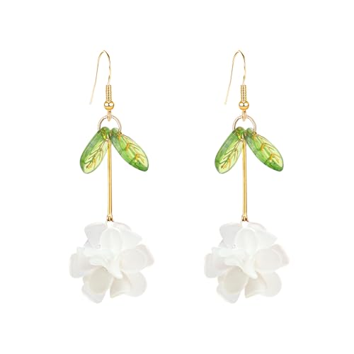 Resin Flower Cluster Ball Dangle Drop Earrings for Women Spring Summer Bohemian Floral Petal with Green Leaf Earrings Vacation Party Jewelry - color: White
