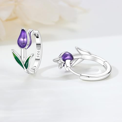 Earrings for Women 925 Sterling Silver Hoop Earring Colorful Cute Fashion Hoop Earrings Graduation Birthday Jewelry Gifts for Women - color: Purple Tulips Earrings