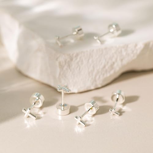 VRIUA 20G Tiny Flat Back Earrings for Women - 14K Gold/Silver Plated Small Flat Back Stud Earrings Hypoallergenic Cartilage Helix Piercing Jewelry - color: 4/5/6mm-Cross Flat Silver