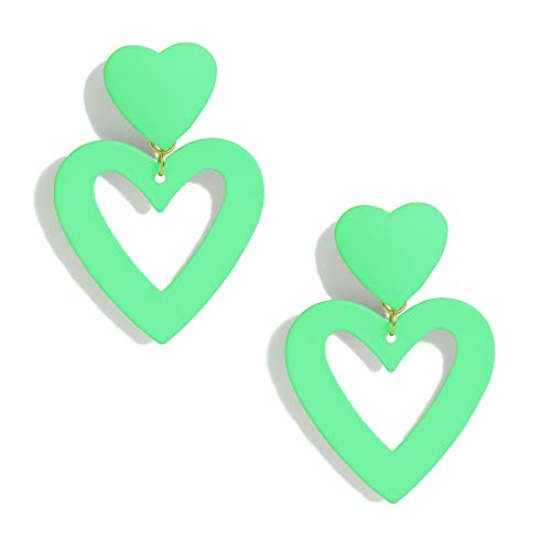 Double Heart Earrings Dangling Heart Drop Earrings For Women Love Heart Dangle Earrings Birthday Gift - color: Neon Green